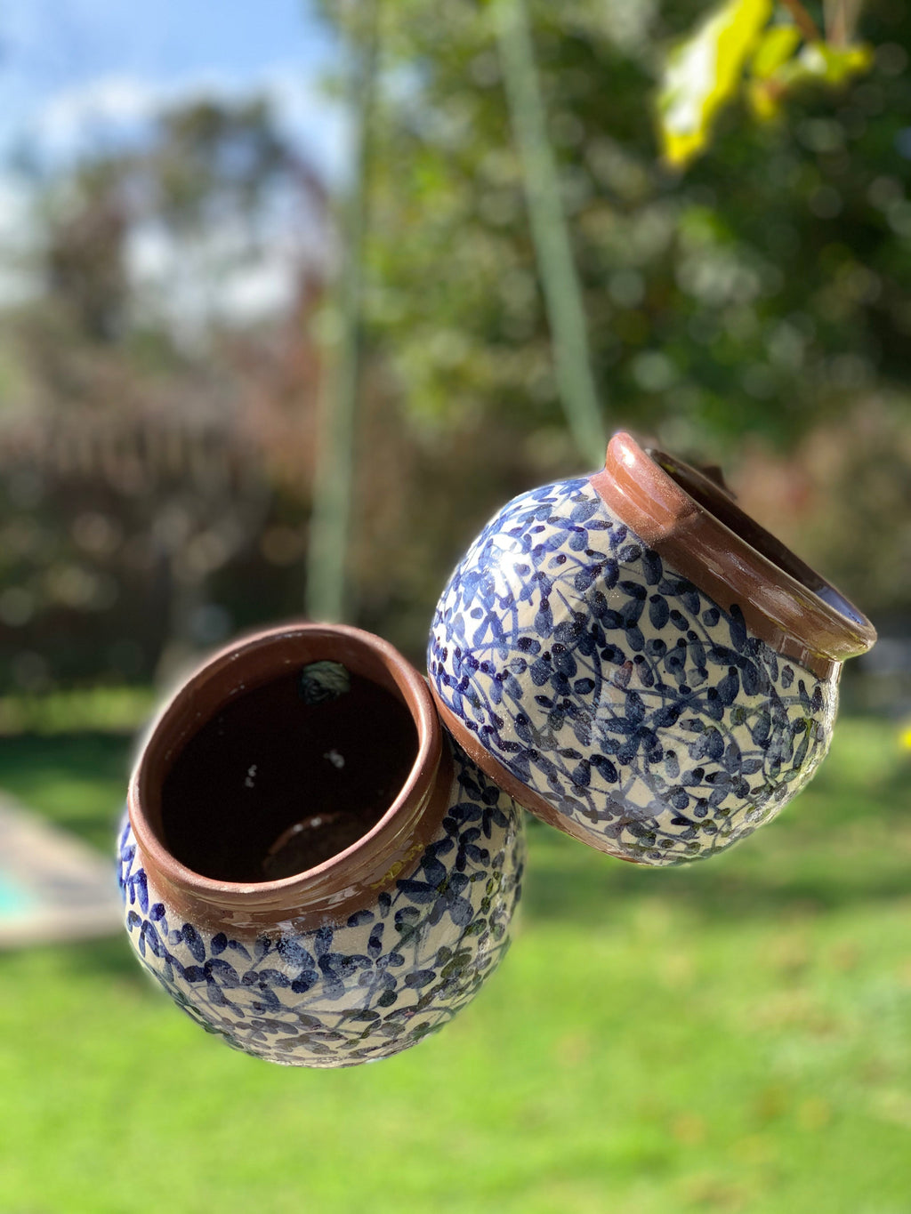 Two small round ceramic pots with a blue and white floral pattern and brown rims, shown outdoors against a blurred green garden background.